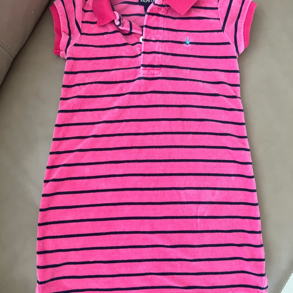 Ralph Lauren pink and navy plush shirt style short sleeve dress, 3T